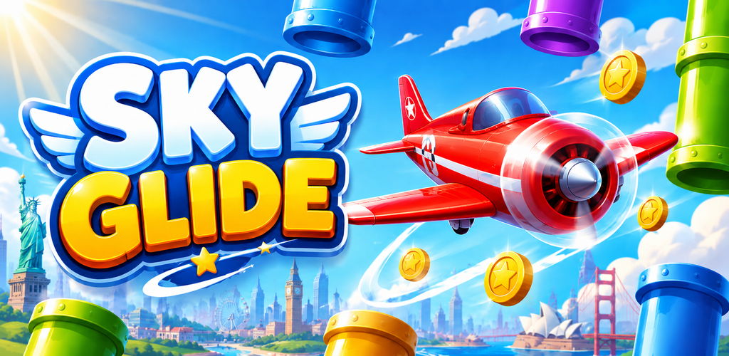 Sky Glide red airplane flying through colorful pipes and coins