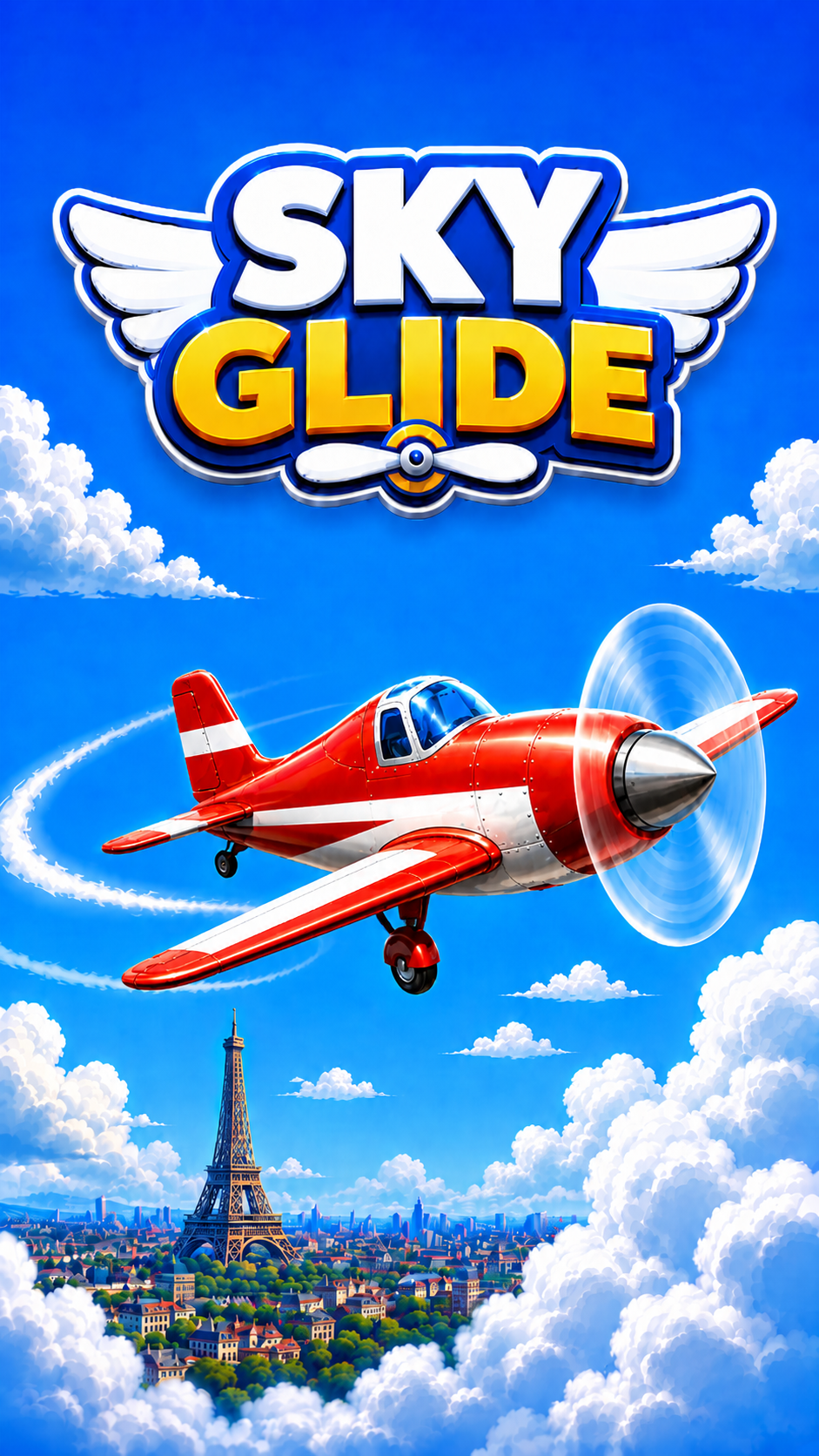 Sky Glide loading screen with a red airplane flying above Paris